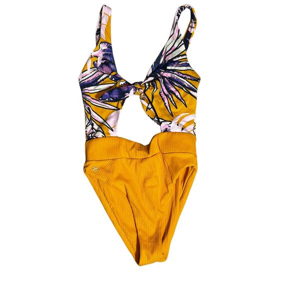 Maaji Maracuja Reversible One Piece Swimsuit Size SMALL Mustard Yellow Cutout - Picture 2 of 14